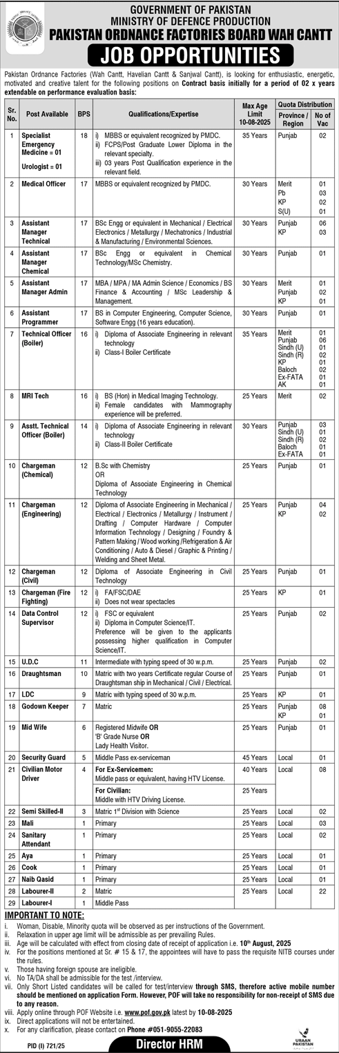 Jobs in Pakistan Ordnance Factories Wah Cantt